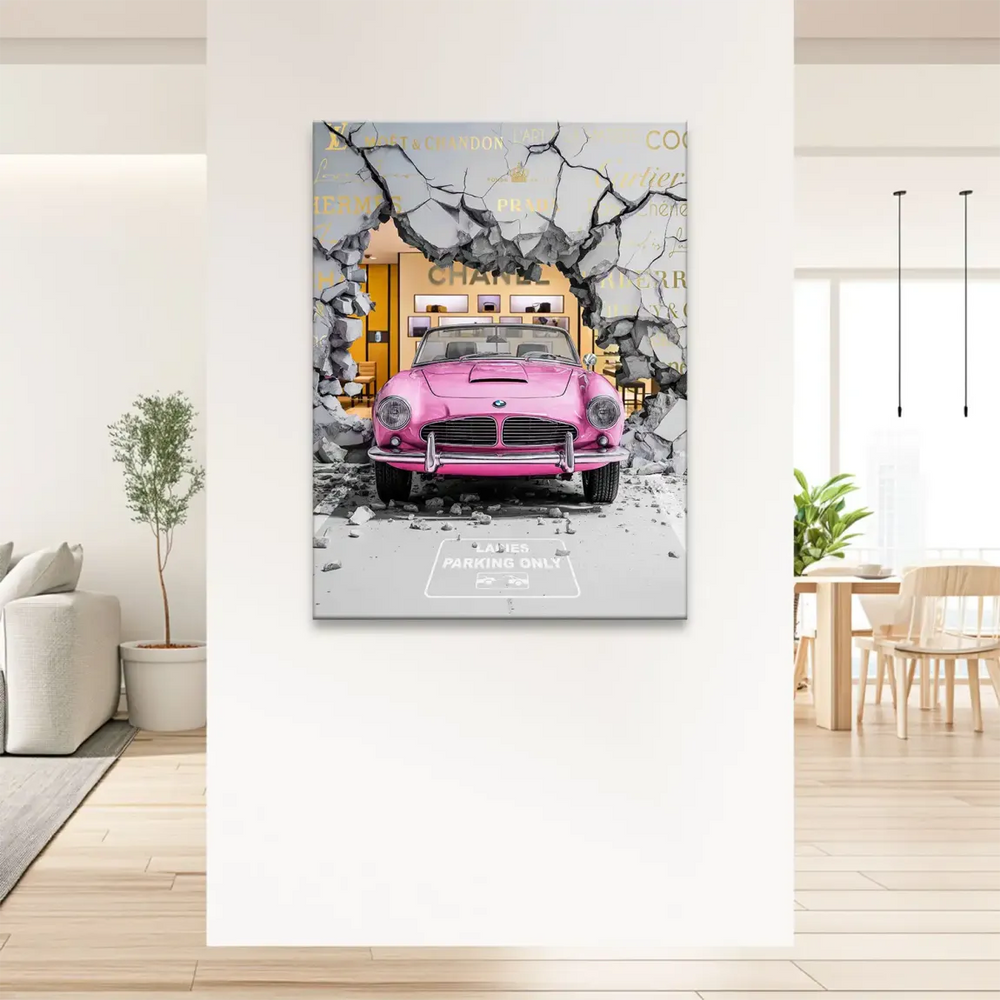 Vibrant pink car, gold branding, and a luxury fashion storefront emerging from a broken wall for maximalist decor