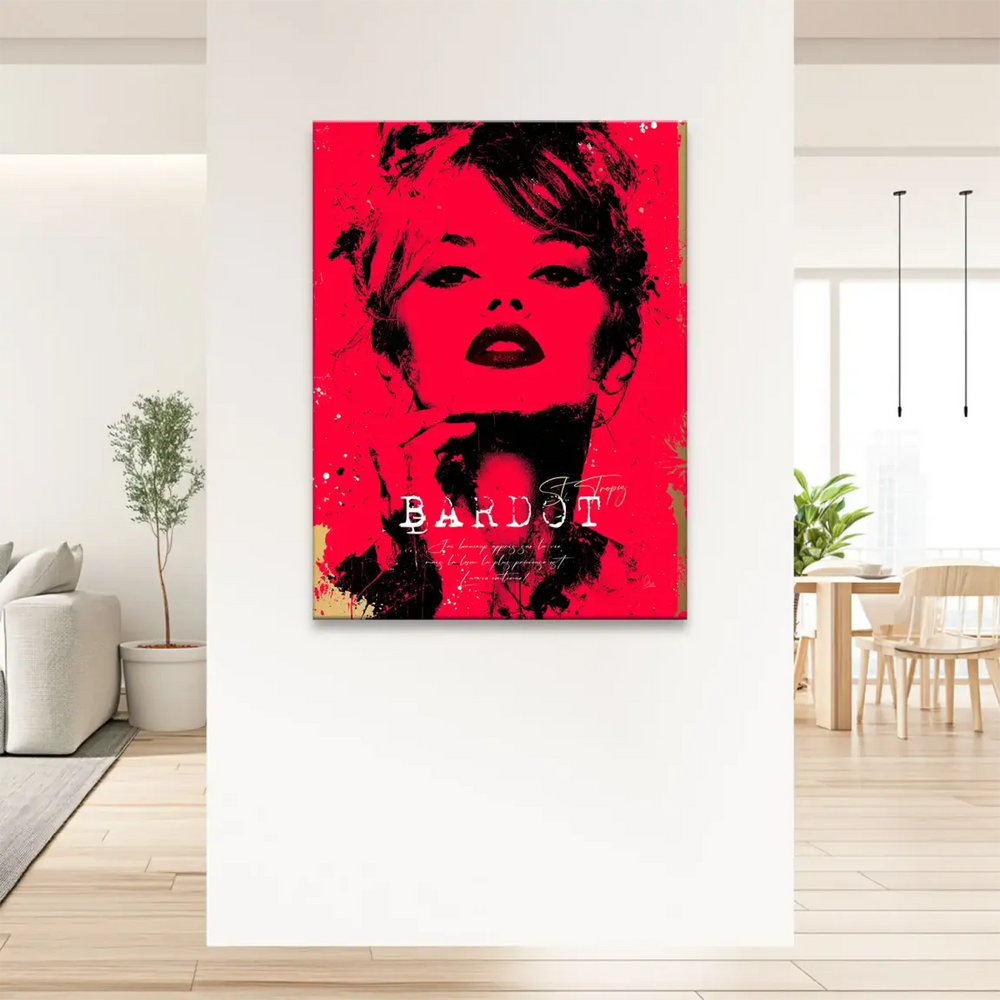 Iconic celebrity portrait with Bardot gaze in red and black on canvas