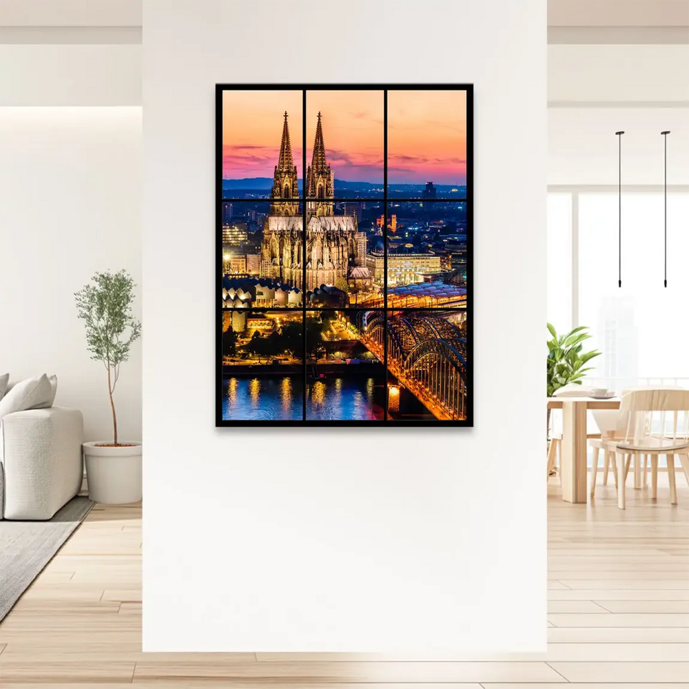 Eight-panel canvas with a bold black grid creating a window view