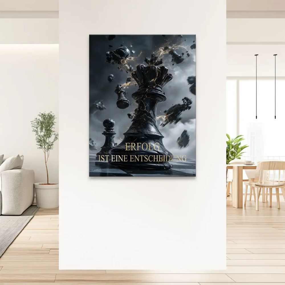 Dramatic wall art with a black queen and scattered chess pieces