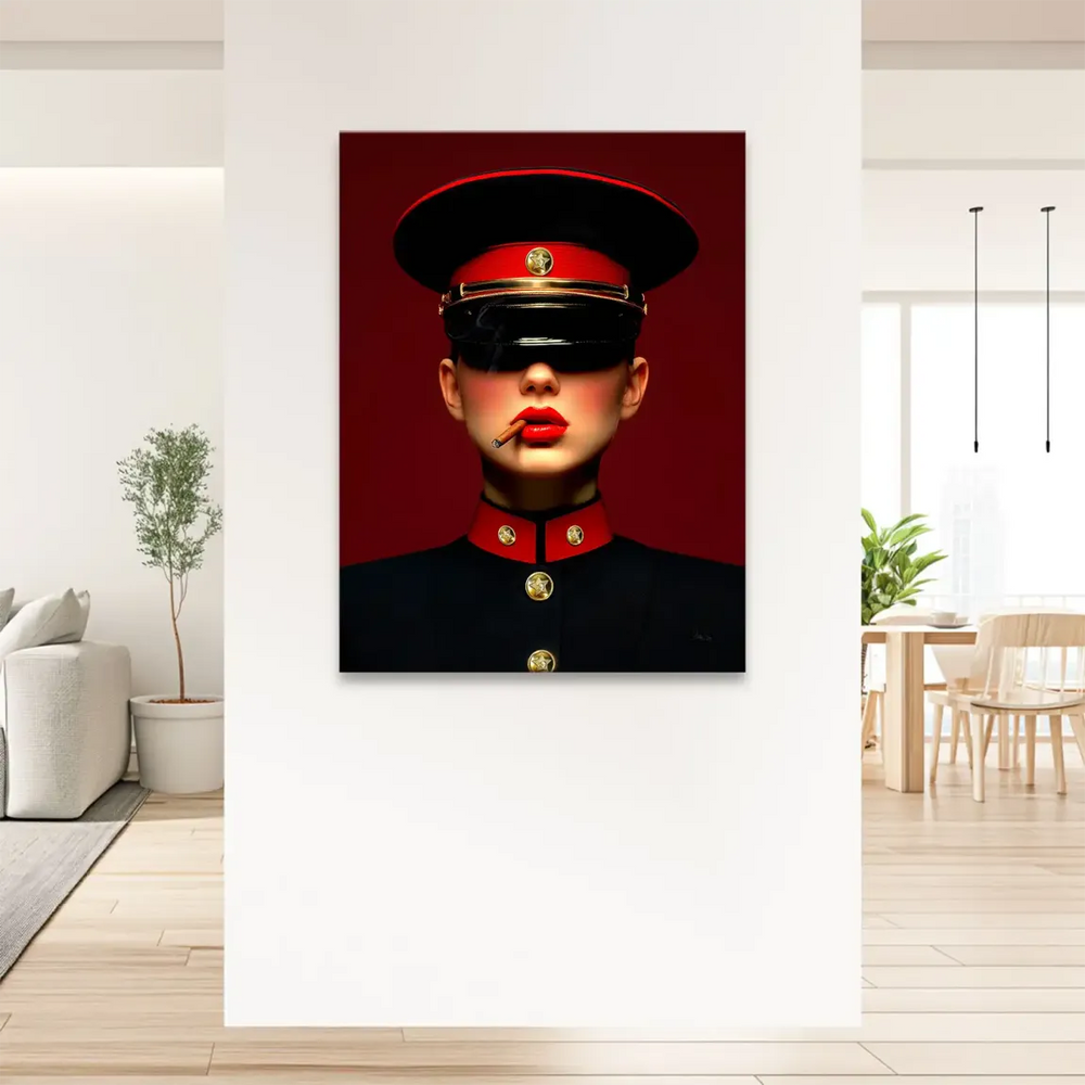 Edgy fashion wall art with military chic influences suitable for living rooms and offices