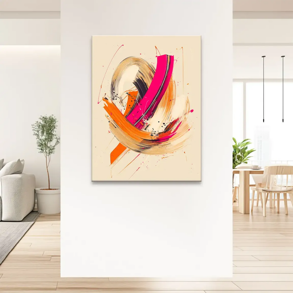 Energetic abstract expressionist artwork featuring bold pink and orange swirls and black marks.