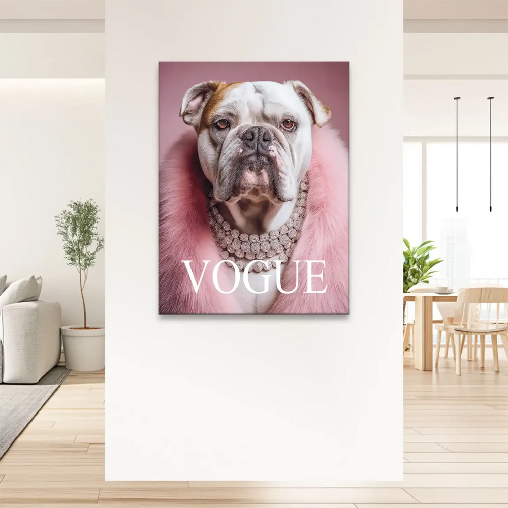 White and fawn bulldog featured on a stylish Vogue canvas art with sparkling jewelry.