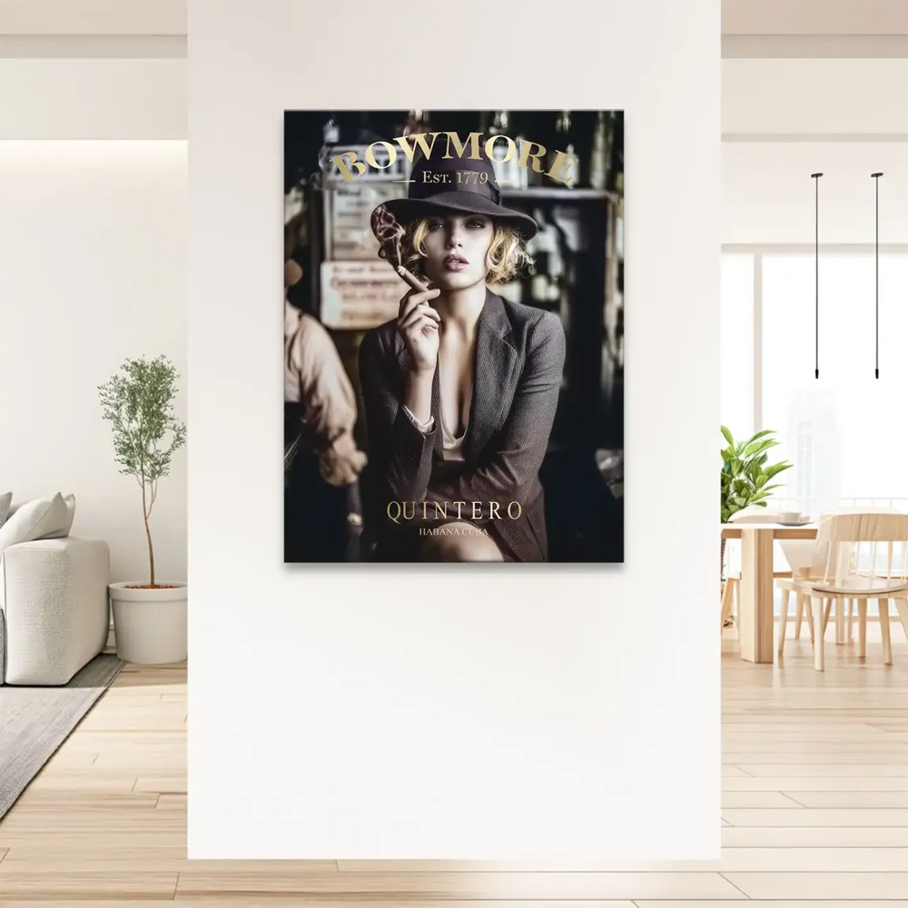 Canvas wall art with BOWMORE EST. 1779 and QUINTERO HABANA CUBA gold lettering