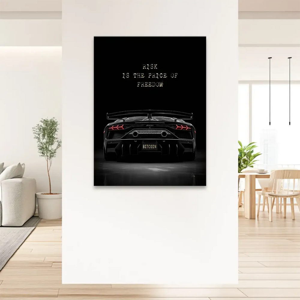 High-contrast wall art featuring a luxury sports car with cryptocurrency motif