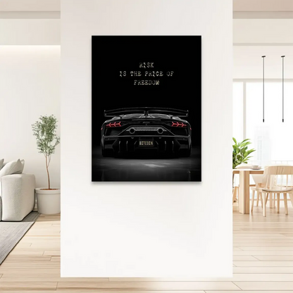 High-contrast wall art featuring a luxury sports car with cryptocurrency motif