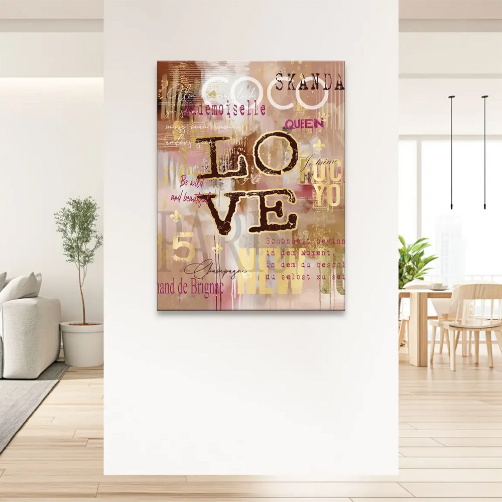 Close-up of central LOVE word surrounded by stylish phrases in a contemporary art style