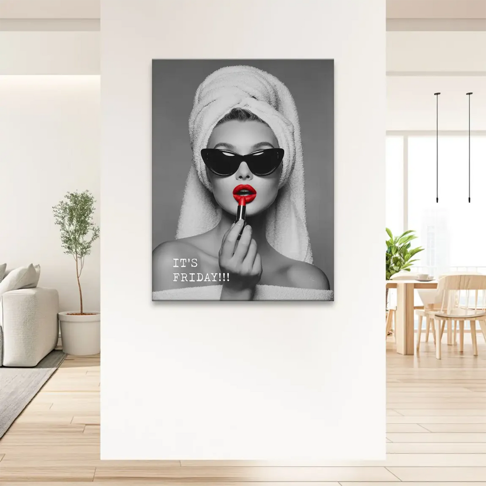 Close-up of bold red lipstick against monochrome background in Friday Lipstick art