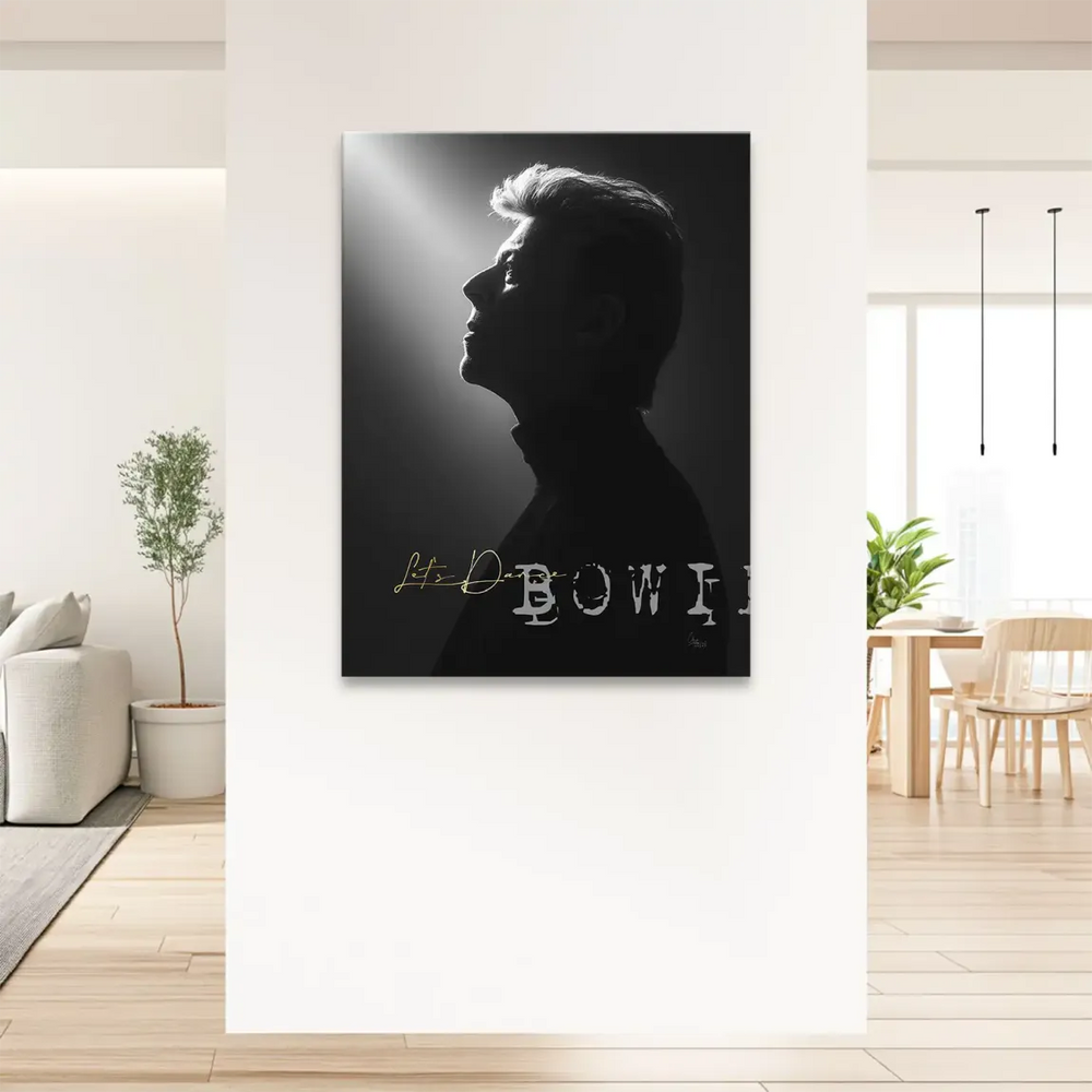 Minimalist wall art featuring David Bowie silhouette and 'BOWIE' lettering