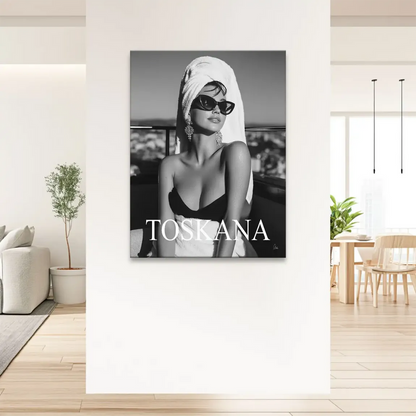 Monochrome fashion wall art with bold TOSKANA text