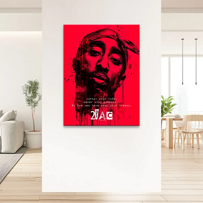 2PAC logo with paint splatters on red background