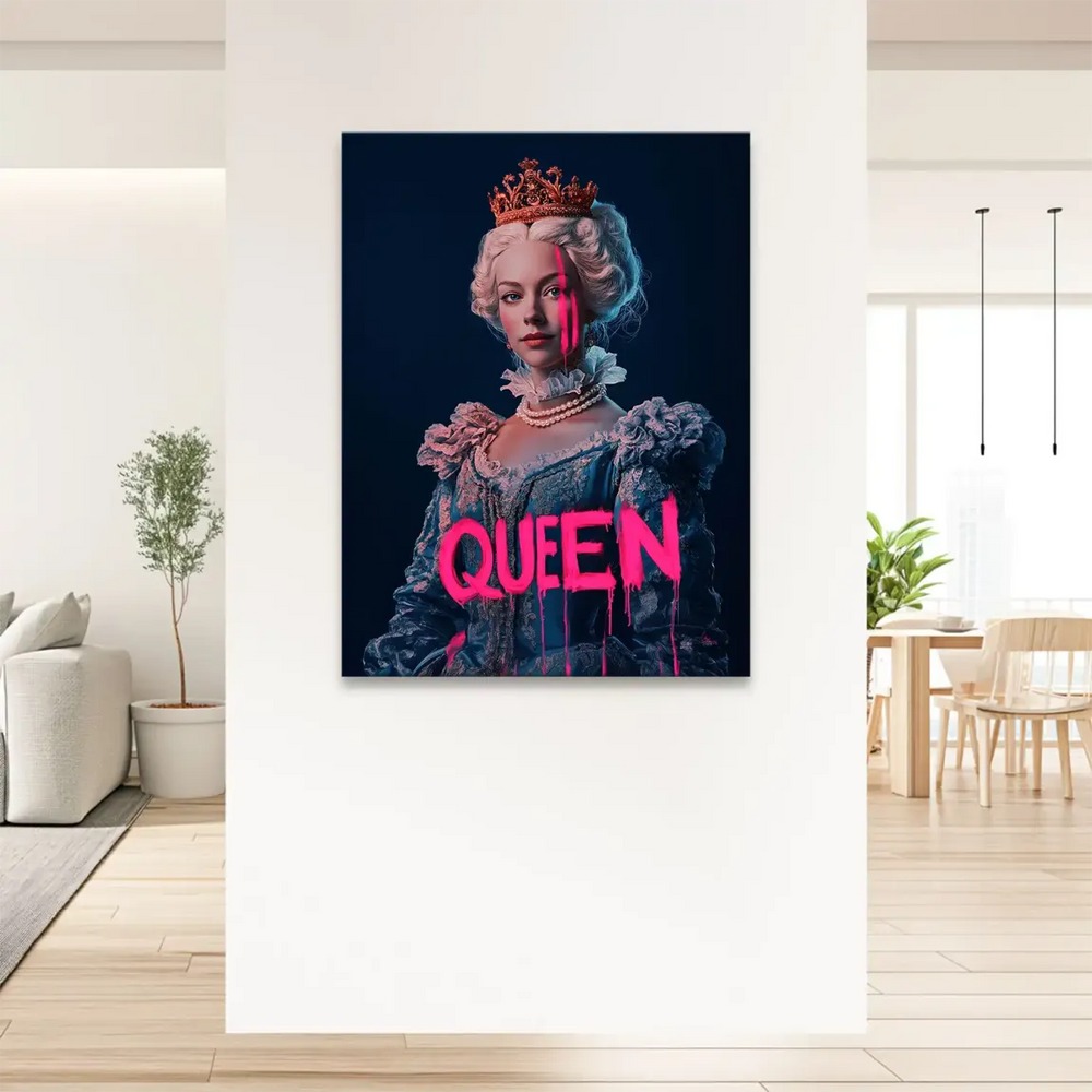 Neon pink spray accents and QUEEN text on dress in queen portrait