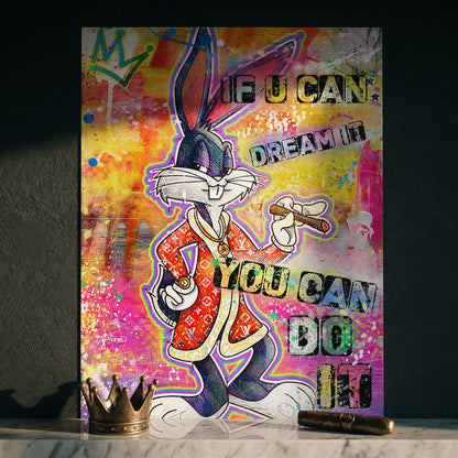 Portrait-style Bugs Bunny in urban luxury streetwear amid a colorful graffiti collage.