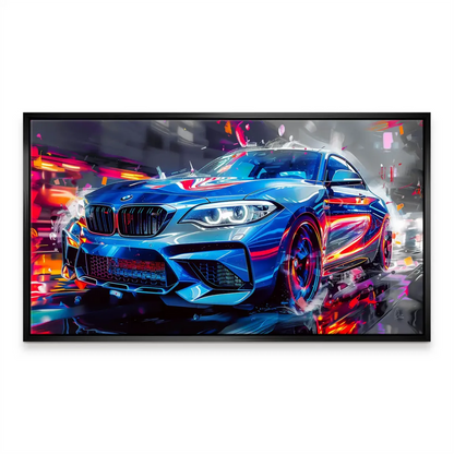 Dynamic automotive wall art: blue BMW M2 speeding past a blurred cityscape.