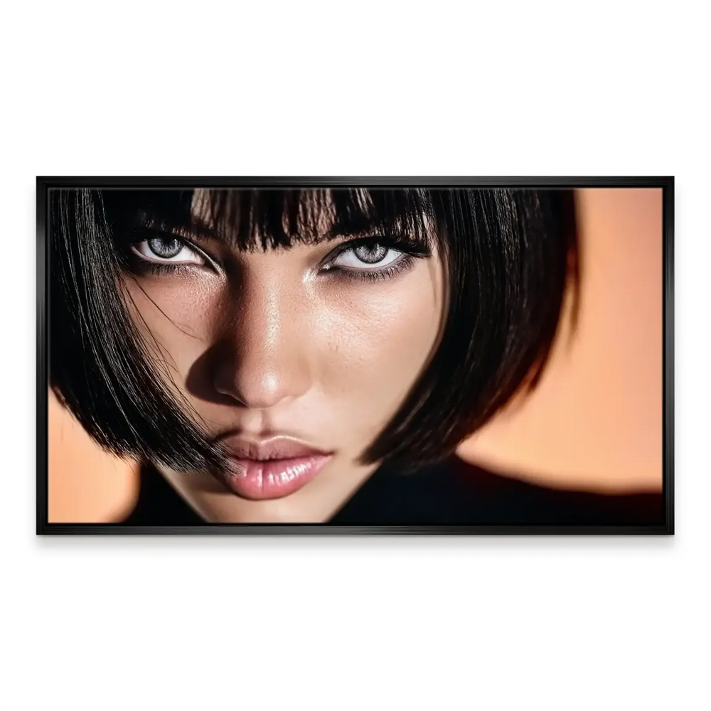 Horizontal composition emphasizing the woman's face and gaze