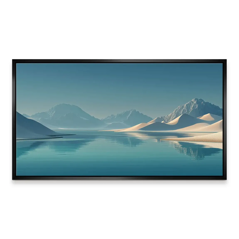 Wide landscape wall art depicting tranquil water and desert shoreline