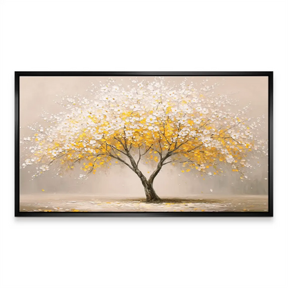 Warm neutral background emphasizing the luminous golden blossoms on the canvas.