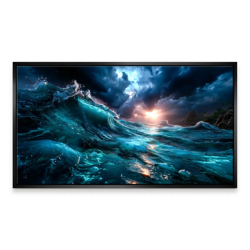 Long rolling teal waves with dark water reflecting amber sunset hues.