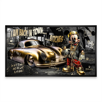Full canvas shot emphasizing opulent gold against black and white urban backdrop