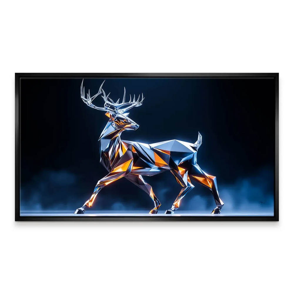 Geometric deer canvas print with blue glow and misty dark backdrop