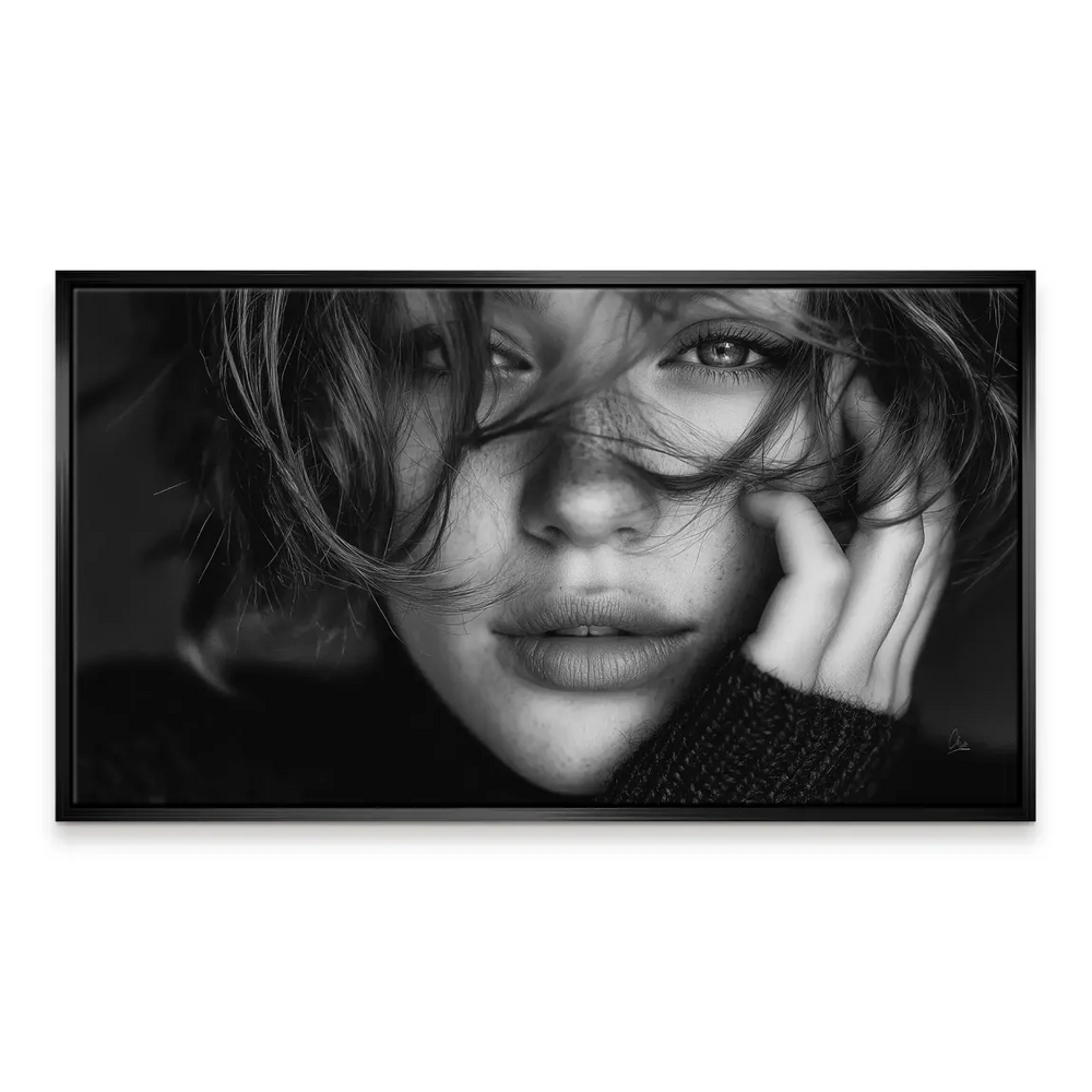 Minimalist black and white wall art depicting a calm, introspective gaze