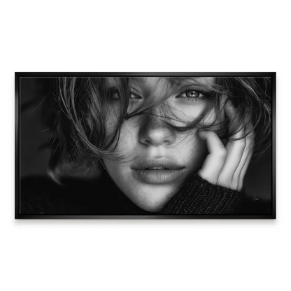 Minimalist black and white wall art depicting a calm, introspective gaze