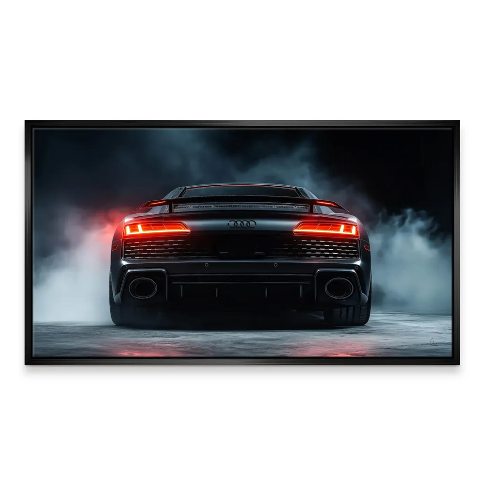 Dynamic art print of a luxury sports car with a dark, sophisticated mood.
