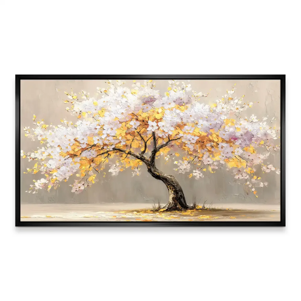 Canvas wall art displayed in a modern living room setting, pairing floral and minimalist style.