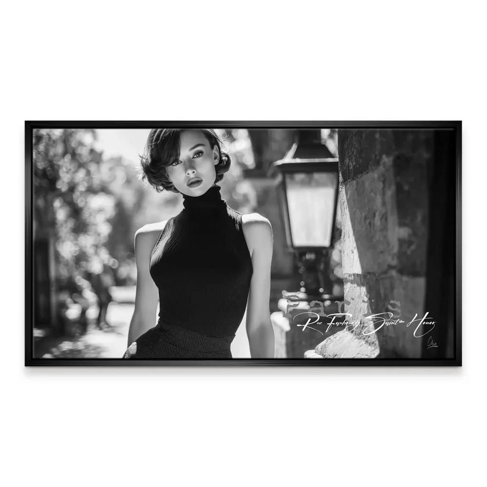 Elegant woman leaning on stone wall beside street lamp artwork