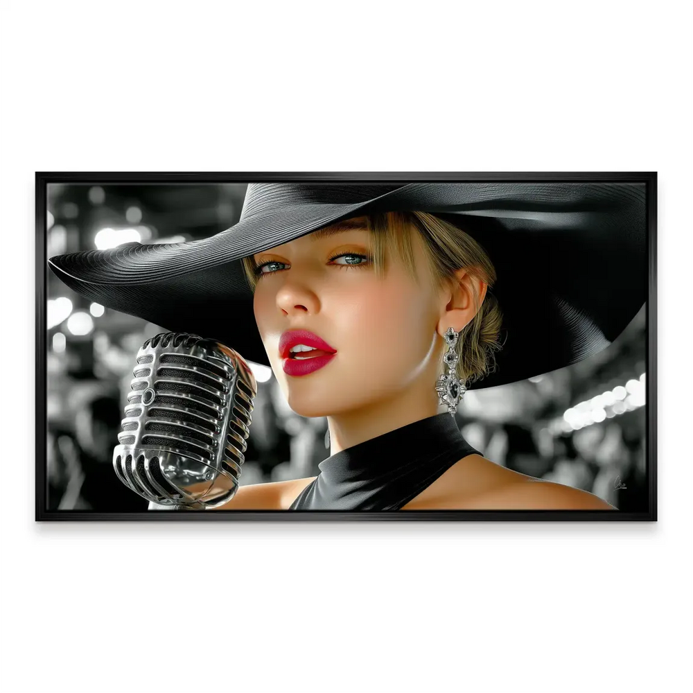 Vintage chic wall art with a black-and-white backdrop and bold red lips