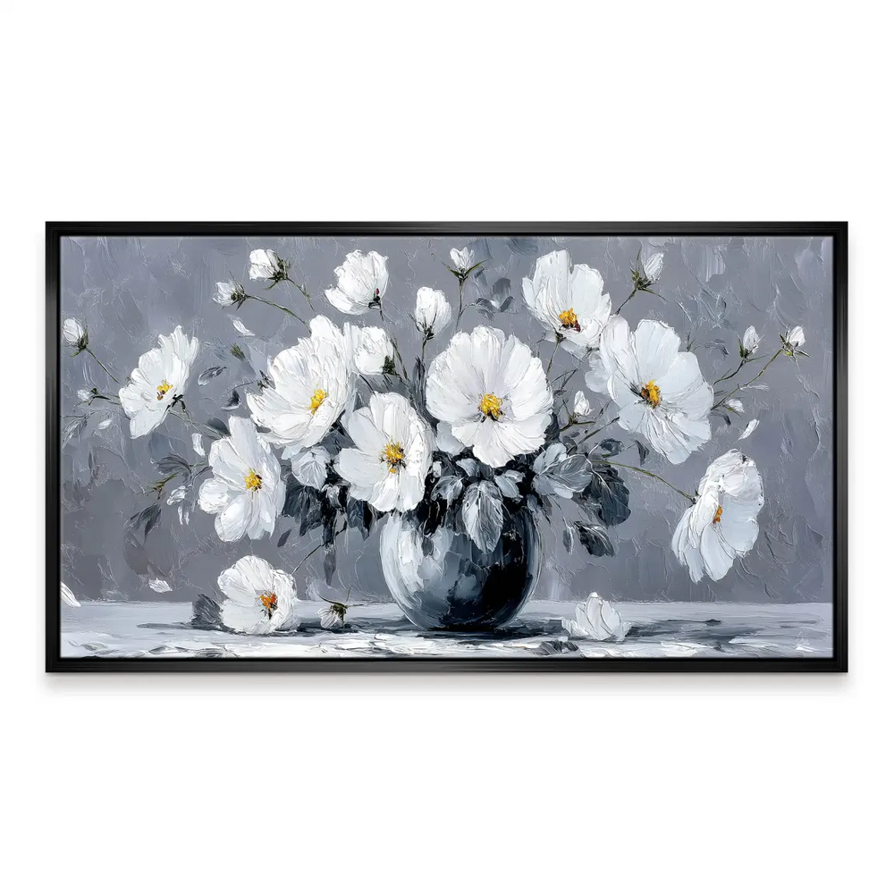 Minimalist floral wall art in cool grayscale tones suitable for living rooms.