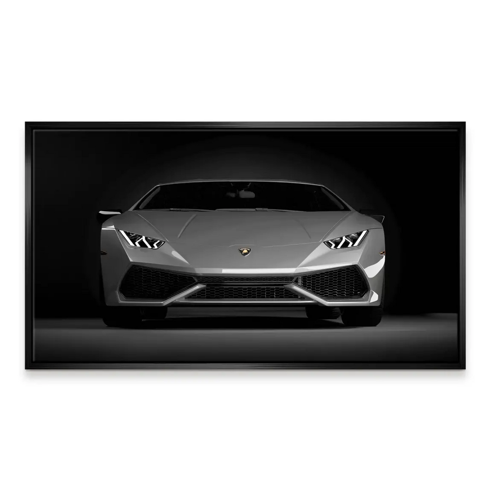 Studio-style grayscale Lamborghini canvas wall art suitable for modern living rooms.