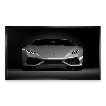 Studio-style grayscale Lamborghini canvas wall art suitable for modern living rooms.