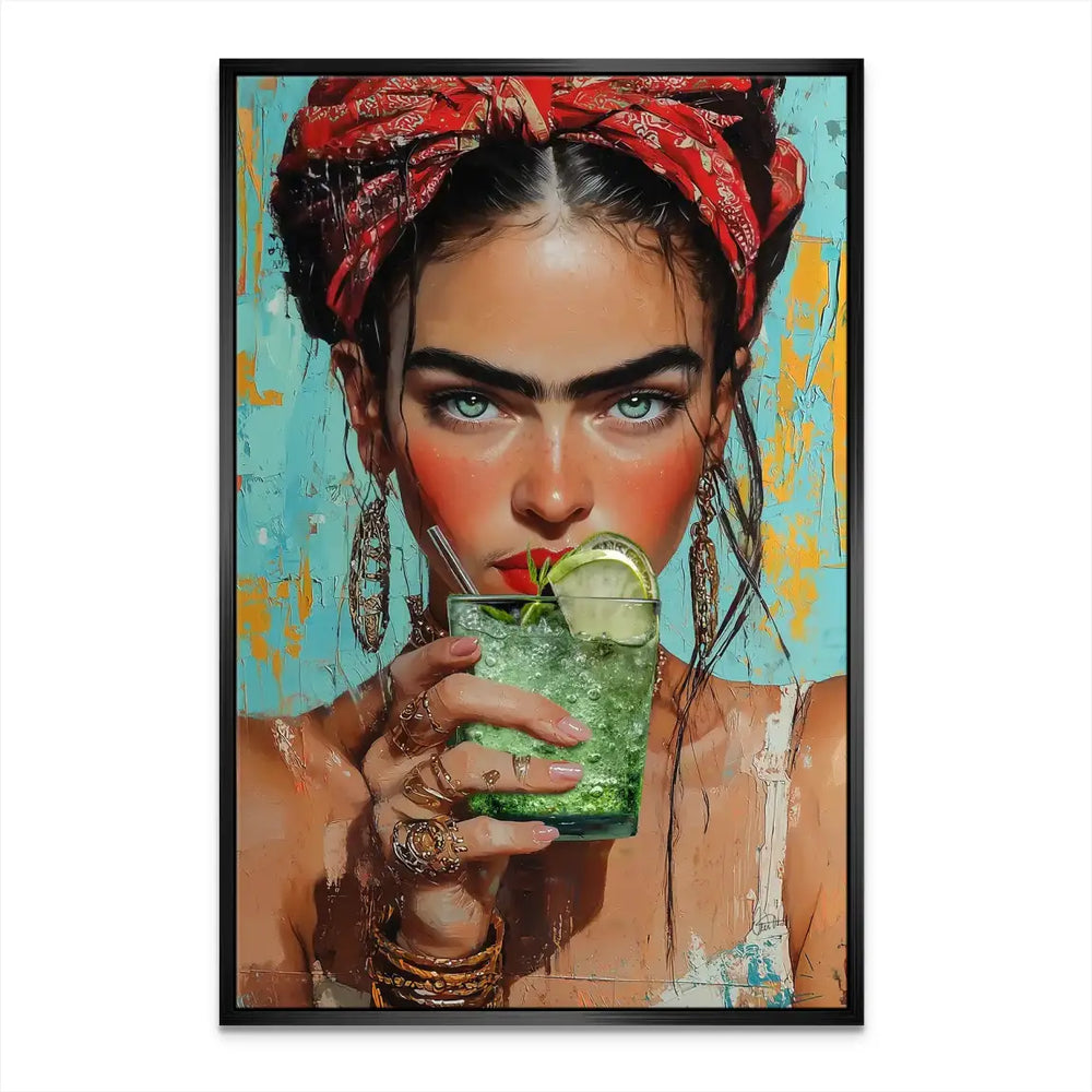 Alternative view of the portrait emphasizing the mint cocktail prop.