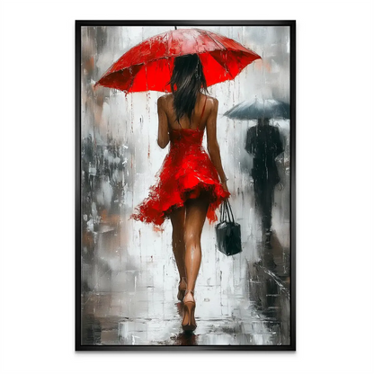 Dynamic brushstrokes evoke motion in a rainy street scene