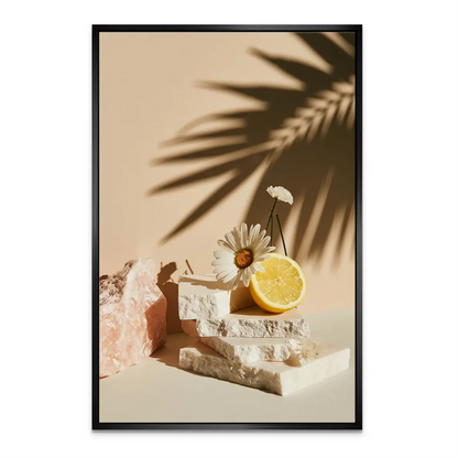 Serene wall art: lemon, daisies, and quartz with a natural texture in soft tones