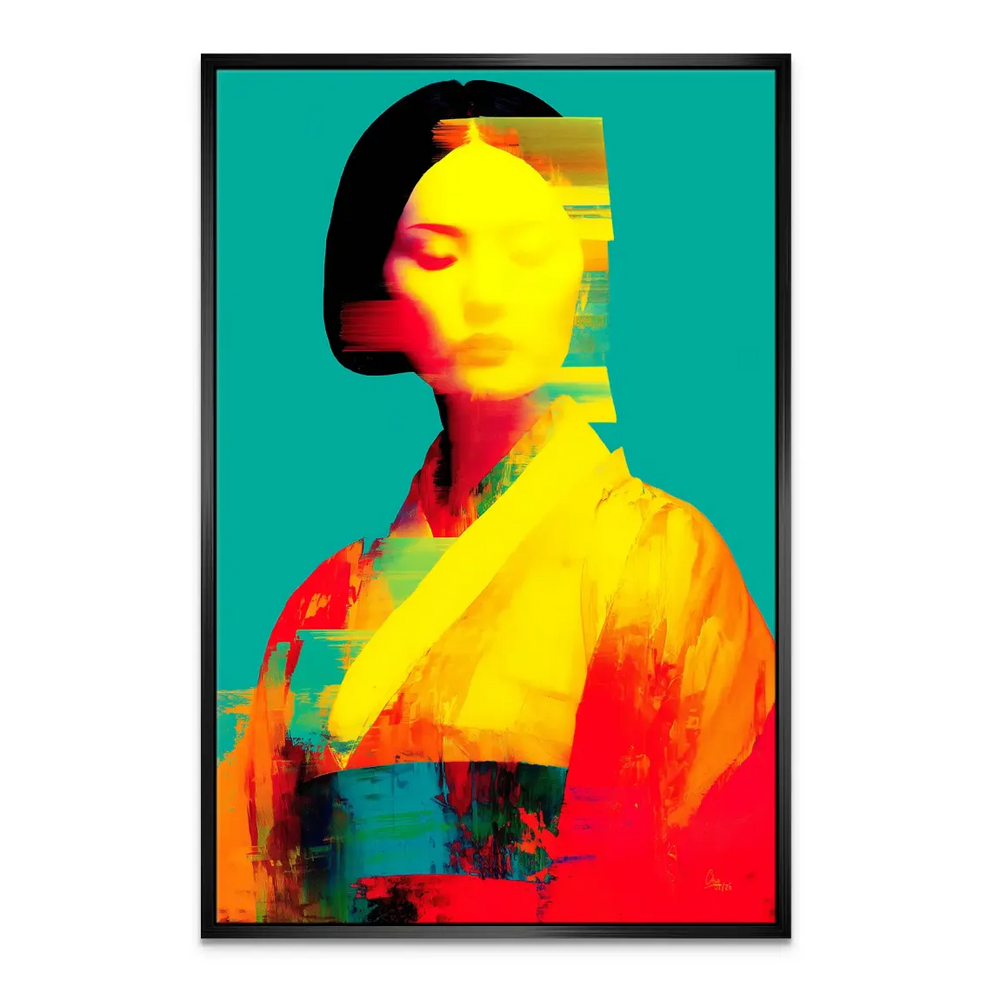 Glitch-art inspired geisha portrait on canvas with reds, oranges, blues