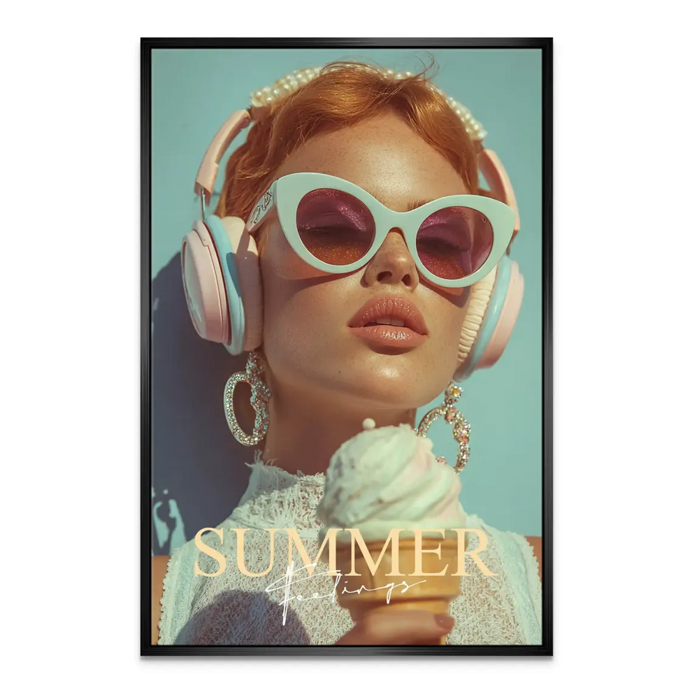 Portrait shot of a stylish woman with auburn hair and pearl headwear in a bright summer theme.
