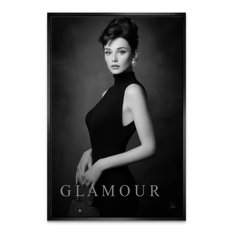 Sophisticated monochrome fashion portrait ideal for minimalist interiors.