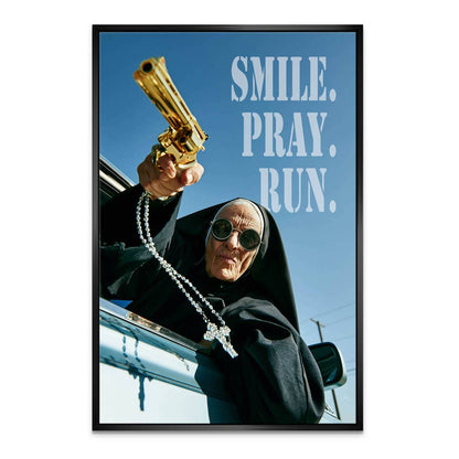 Close-up of the nun's sunglasses and habit in the Rebel Nun canvas print.