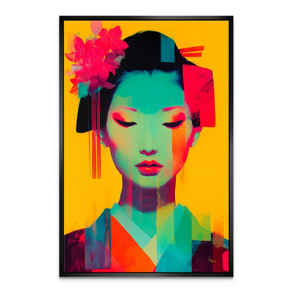 Geisha-inspired wall art featuring bright yellow backdrop and sharp lines.