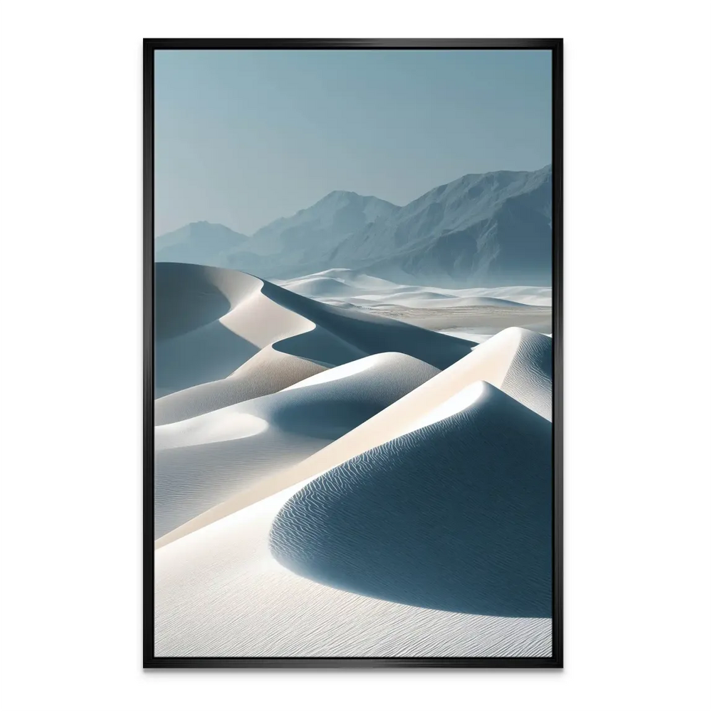 Sun-kissed sand dunes and hazy distant mountains in serene tones