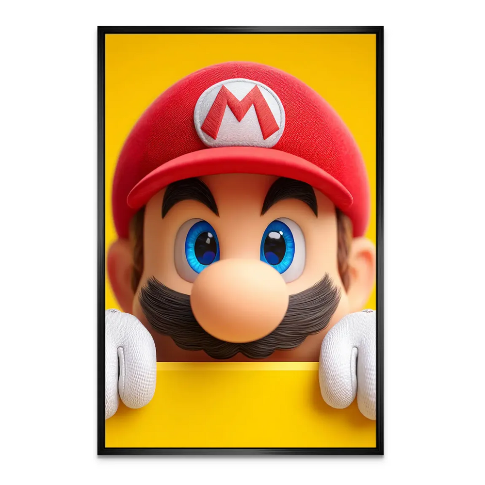 Vivid Mario artwork on canvas with high-contrast yellow backdrop.