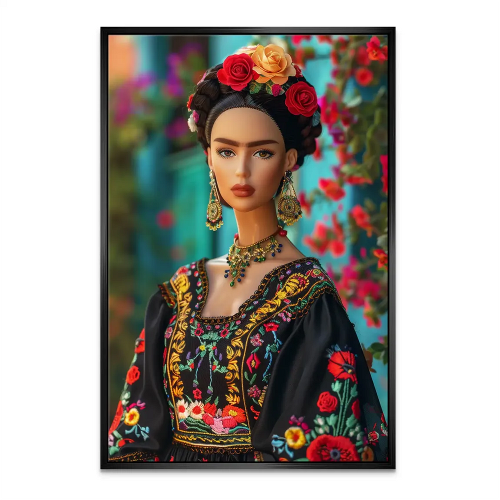 Floral headdress detail with red and yellow roses on Frida Barbie canvas.