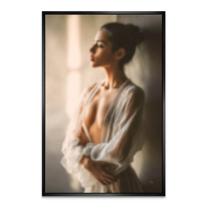 Neutral, bohemian-inspired canvas art featuring a calm, elegant woman.