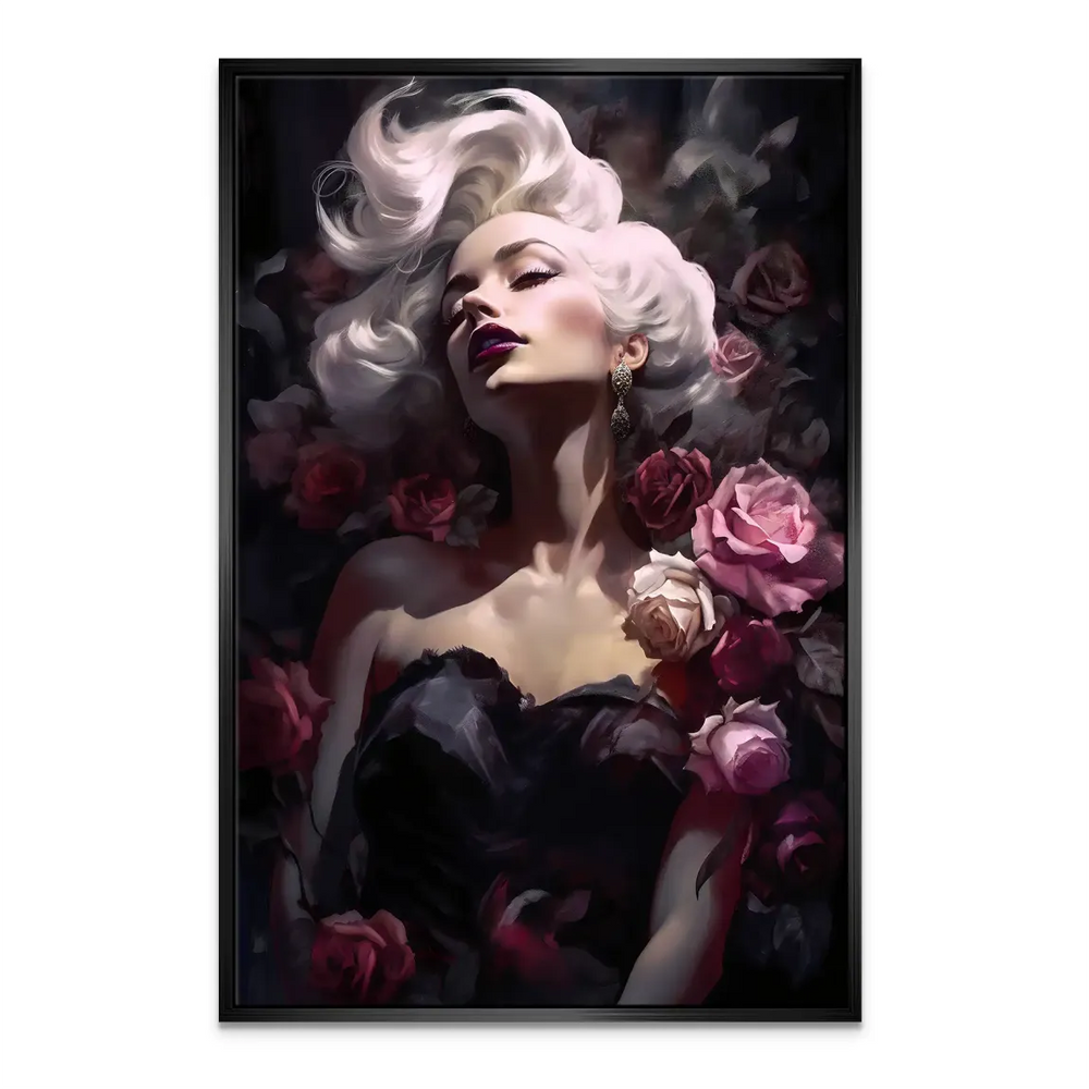 Floral frame of velvet roses surrounding a vintage-inspired canvas print.