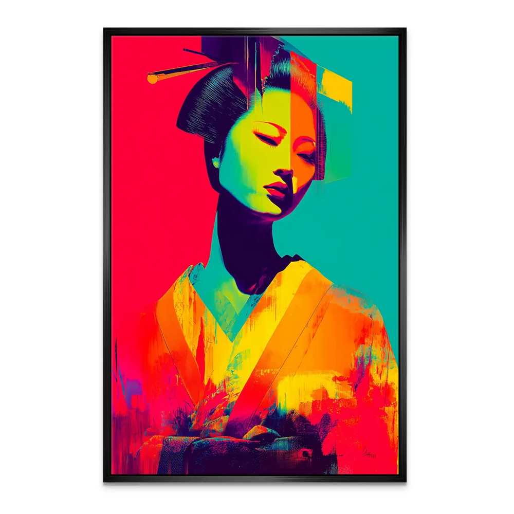 Contemporary wall art featuring geisha in electric color palette.