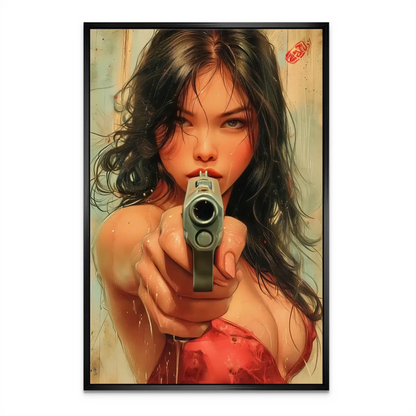 Metallic gray handgun aimed directly at the viewer within a moody, action-movie inspired setting.