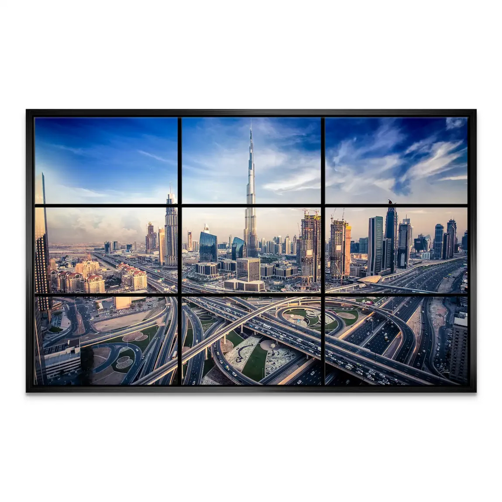 Sleek, contemporary cityscape artwork suitable for minimalist interiors