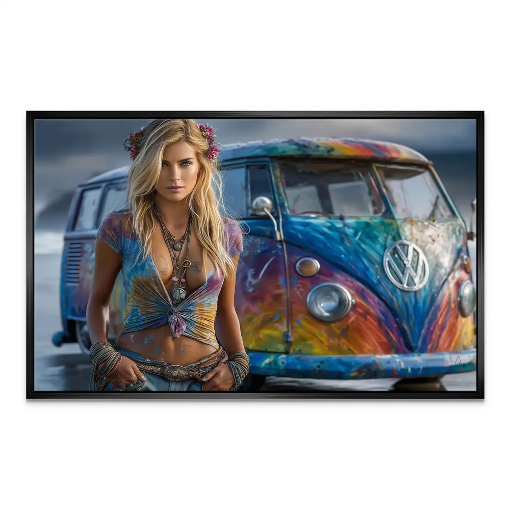Tie-dye top and floral accents in a retro-inspired canvas portrait